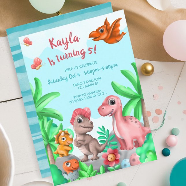 Flickas dinosaur- födelsedag inbjudningar (Girl's Dinosaur Birthday Party Invitation)