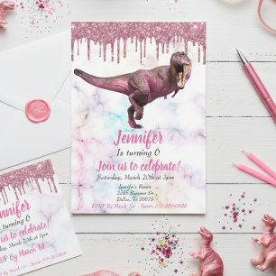 Flickas dinosaur rosa glitter Tyrannosaurus Inbjudningar