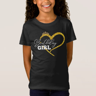 Flickas födelsedags guld glitter hjärta krona desi t shirt