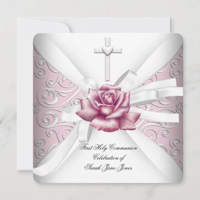 Flickas första kommunion Damask rosa ros vit Inbjudningar (Framsida)