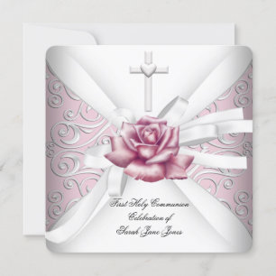 Flickas första kommunion Damask rosa ros vit Inbjudningar