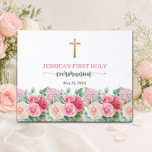 Flickas första kommunion Guld Kors Rosor Blommig