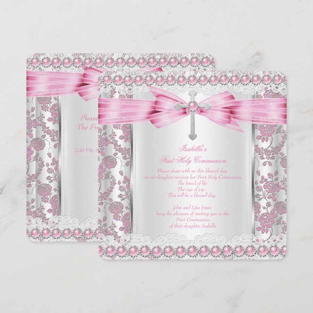 Flickas första kommunion kors damast rosa silver inbjudningar (Fram/baksida)