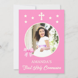 Flickas första kommunion Rosa Rutig rosett Foto Inbjudningar