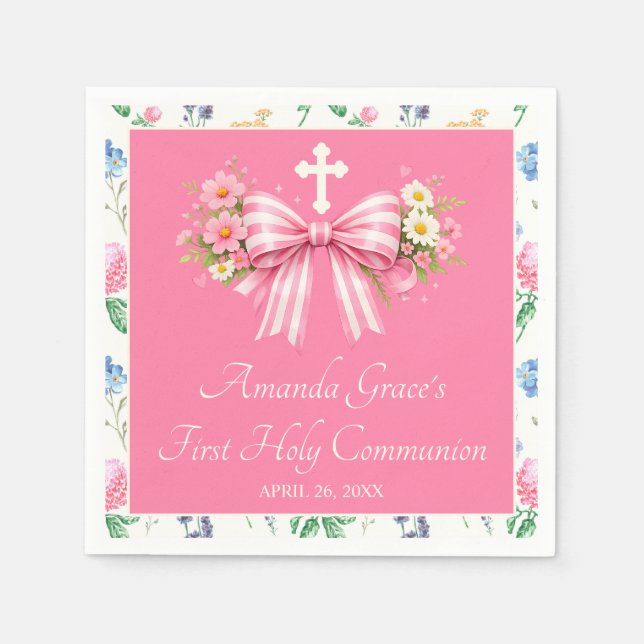 Flickas första kommunion Rosa vildblomsbåge Pappersservett (Framsidan)
