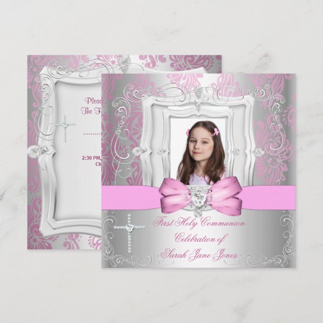 Flickas första kommunion silver rosa foto inbjudningar (Fram/baksida)