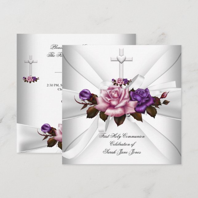 Flickas första kommunion Vit Silver Rosa Lila Inbjudningar (Fram/baksida)