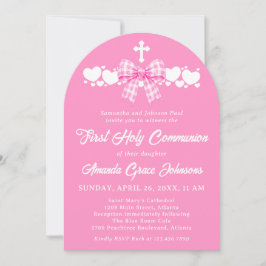 Flickas första nattvard Rosa rutig rosett Foto Inbjudningar