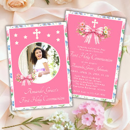 Flickas första nattvard Rosa vildblomsbåge Inbjudningar