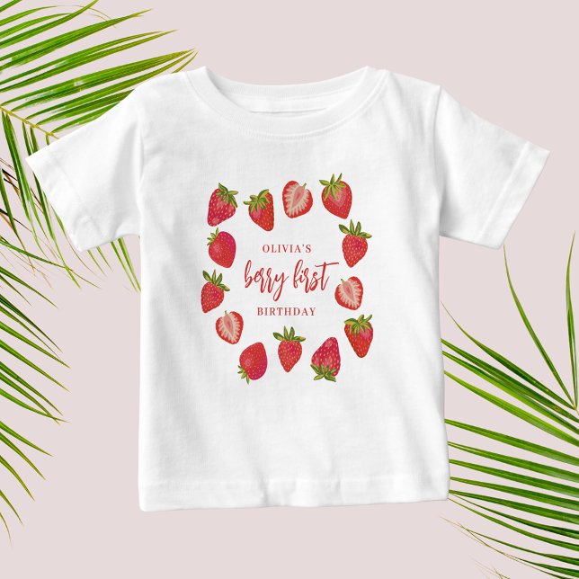 Flickas första sommar jordgubb 1-års födelsedag t shirt (Girls First Birthday Berry First Strawberry tshirt. Customize with own name.)