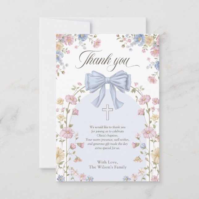 Flickas kristna dop Pastell Böjd Blommig Tack Kort (Framsida)