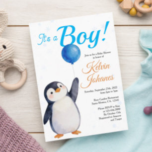 Flickas pingvin blå ballong akvarell baby shower inbjudningar