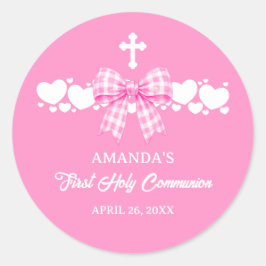 Flickas rosa rutiga rosett Första kommunion Runt Klistermärke