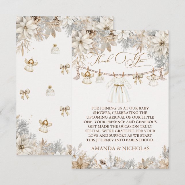 Flickas vinterblommiga baby shower tack kort (Fram/baksida)