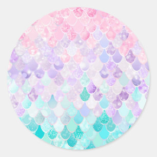 Flickasjöjungfruklistermärkear, pastell, rosa, runt klistermärke