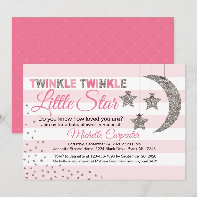 Flickbabydusch inbjudan twinkle Little star rosa (Fram/baksida)