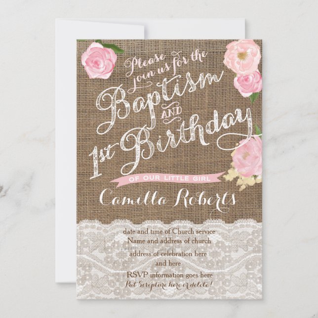 Flickbaptism - födelsedagsinbjudningar, rosa bapti inbjudningar (Framsida)