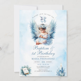 Flickbaptism och första födelsedagsblått Blommigt Inbjudningar