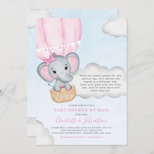 Flickbarnskor efter e-Rosa Elephant Inbjudningar (Fram/baksida)