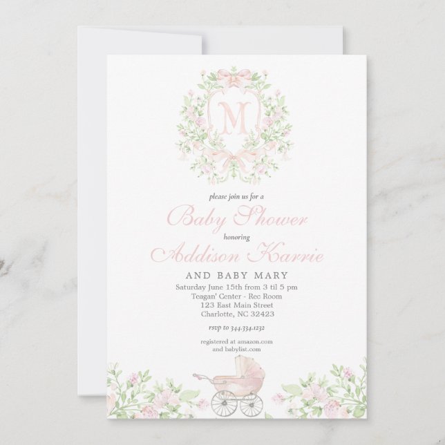 Flickbarnvagn Monogram Inbjudningar (Framsida)