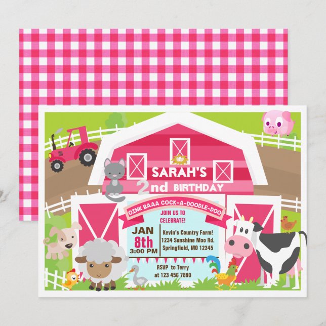 Flickbarnyard-inbjudan - Farm Birthday Inbjudningar (Fram/baksida)