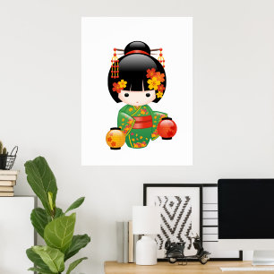 Flickdocka i grönt kimono - Kokeshi-docka Poster