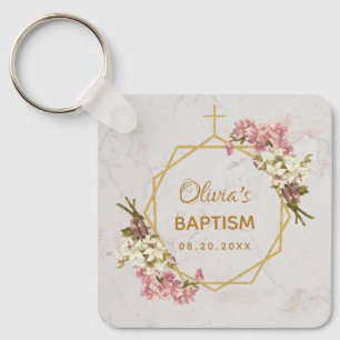 Flickdop baptism blommig guld marmor rosa orkidéer nyckelring