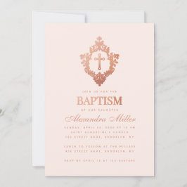 Flickdop Blush Rosa Roséguld Kors i Vapenstämpel Inbjudningar