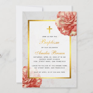 Flickdop Floral Rosa Kamelia Falsk Guld Marmor Inbjudningar