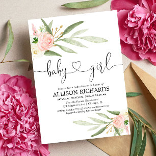 Flickdusch för Greenery och rosa guld blommigt Inbjudningar