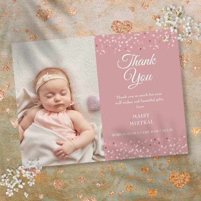 Flickebarn Foto Kärlek Hjärtan Tack Födelse Meddelande Vykort (Baby Girl Photo Love Hearts Script Thank You Birth Announcement Postcard)