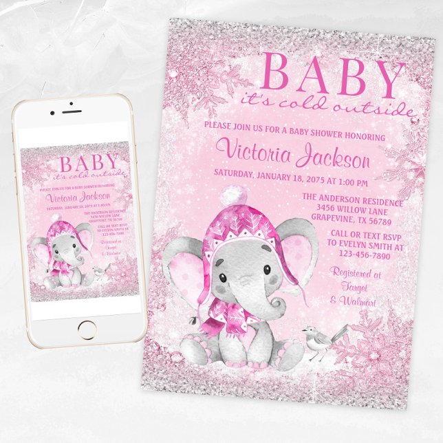 Flickelefantbebis det är kallt ute bebisbarnvask inbjudningar (Baby it's cold outside! winter wonderland baby shower invitation with adorable winter elephant.)