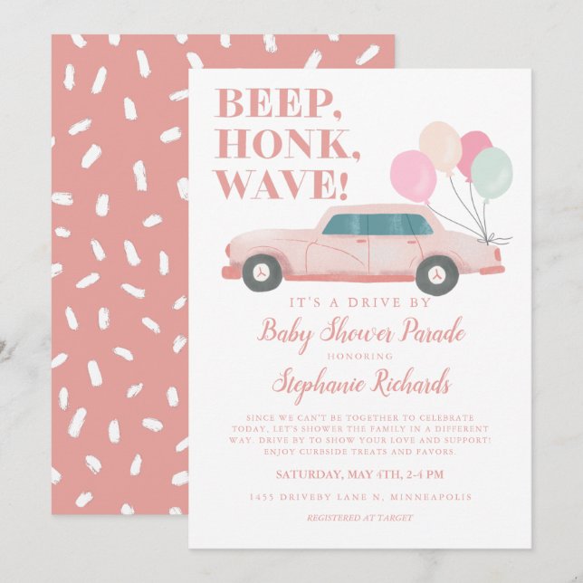 Flickenhet efter babyskor Rosa Vintage bil Inbjudningar (Fram/baksida)