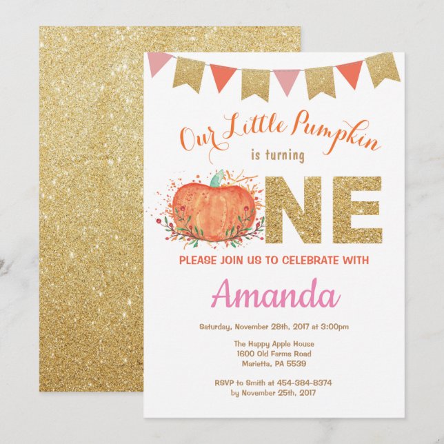 Flickepumpkin Fall Birthday-inbjudan Guld Glitter Inbjudningar (Fram/baksida)