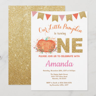 Flickepumpkin Fall Birthday-inbjudan Guld Glitter Inbjudningar