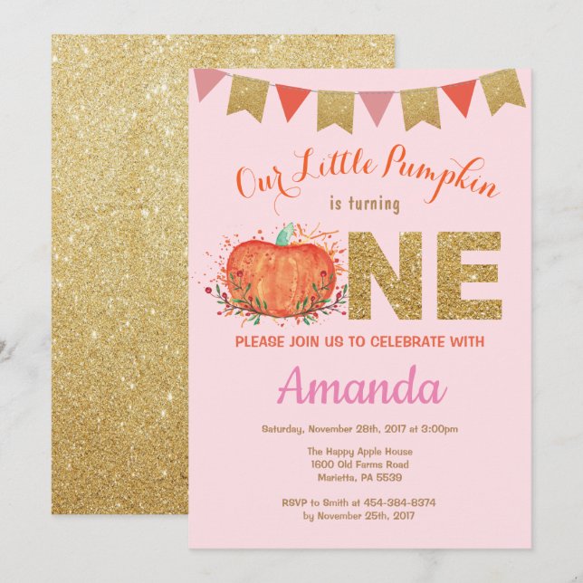Flickepumpkin Fall Birthday-inbjudan Guld Glitter Inbjudningar (Fram/baksida)