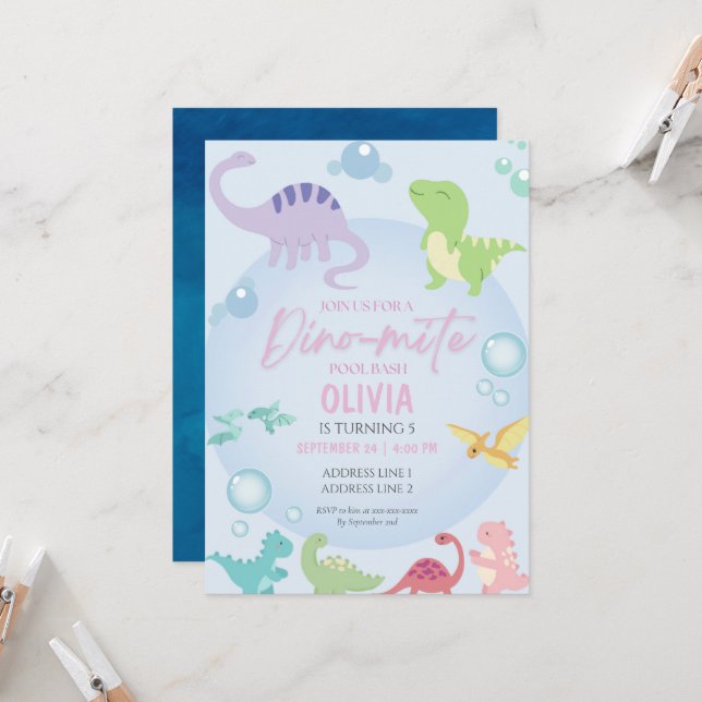 flickfödelsedag för dinosauer bassäng party inbjudningar (Fram/Back In Situ)