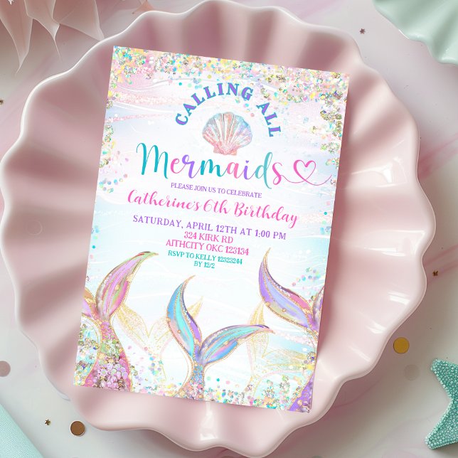 Flickfödelsedagsinbjudan med 'Calling All Mermaids Inbjudningar (Skapare uppladdad)