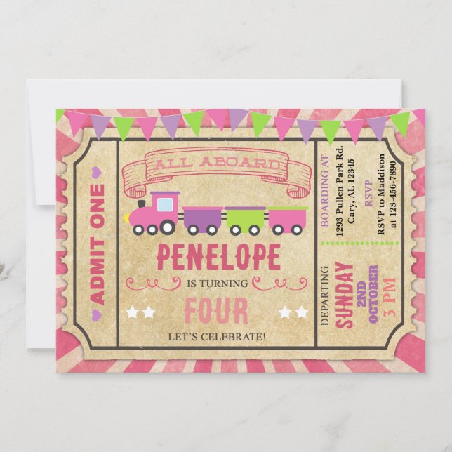 Flickfödelserbjudande till tåg biljett. inbjudningar (Framsida)