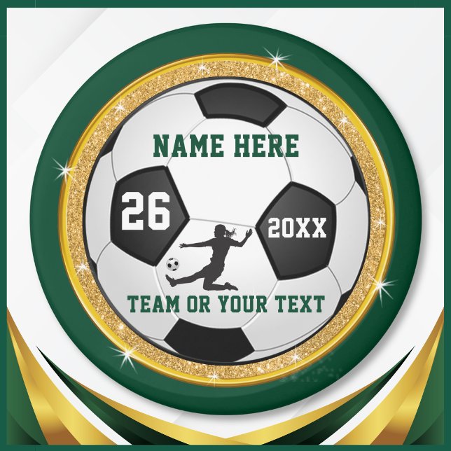 Flickfotbollsfestfavoriter, skoggrön eller ÄNDRA  Magnet (Personalized soccer magnets for girls. Forest green and gold soccer party favors. Cheap soccer gifts)