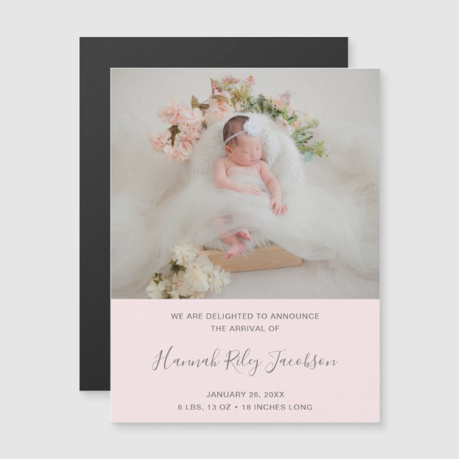 Flickfoto Rosa Script Birth Announcement Magnet (Fram/baksida)