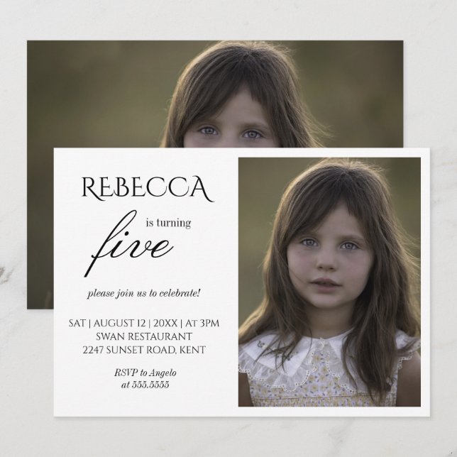 Flickfotoenkel elegant födelsedagsfest inbjudningar (Fram/baksida)