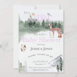 Flickhjort Baby Shower Vinter Skogsmiljö Inbjudningar