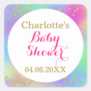 Flickig Baby Shower Färgglad Enhörning Guld Glitte Fyrkantigt Klistermärke