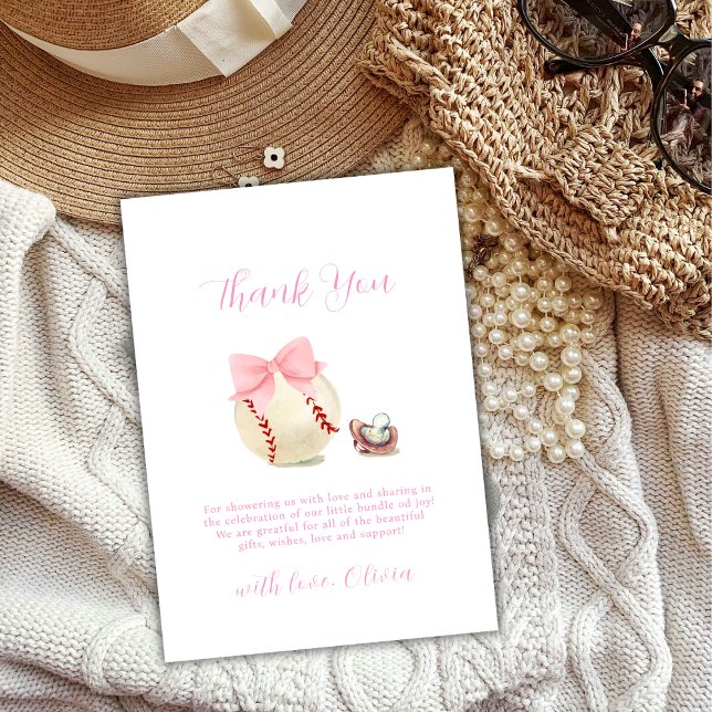 Flickig Båge Napp Baseboll Sport Baby Shower Tack Kort (Girly Bow Pacifier Baseball Sport Baby Shower Thank You Card)