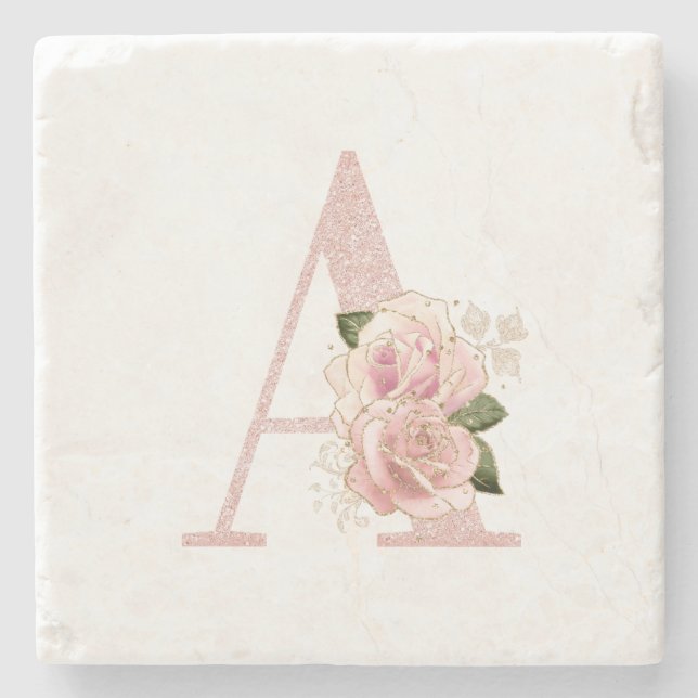 Flickig blek rosa guld glitter blommig monogram A Stenunderlägg (Framsidan)