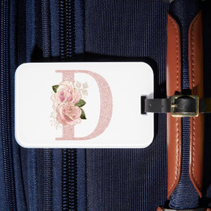 Flickig blek rosa guld glitter blommig monogram D Bagagebricka