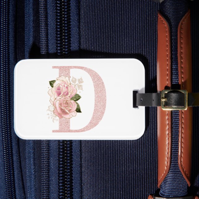 Flickig blek rosa guld glitter blommig monogram D Bagagebricka (Framsida Insitu 4)