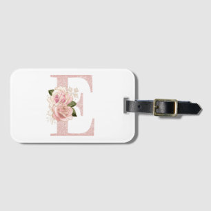 Flickig blek rosa guld glitter blommig monogram E Bagagebricka