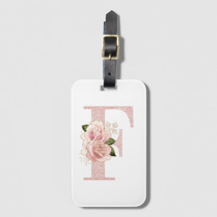 Flickig blek rosa guld glitter blommig monogram F Bagagebricka
